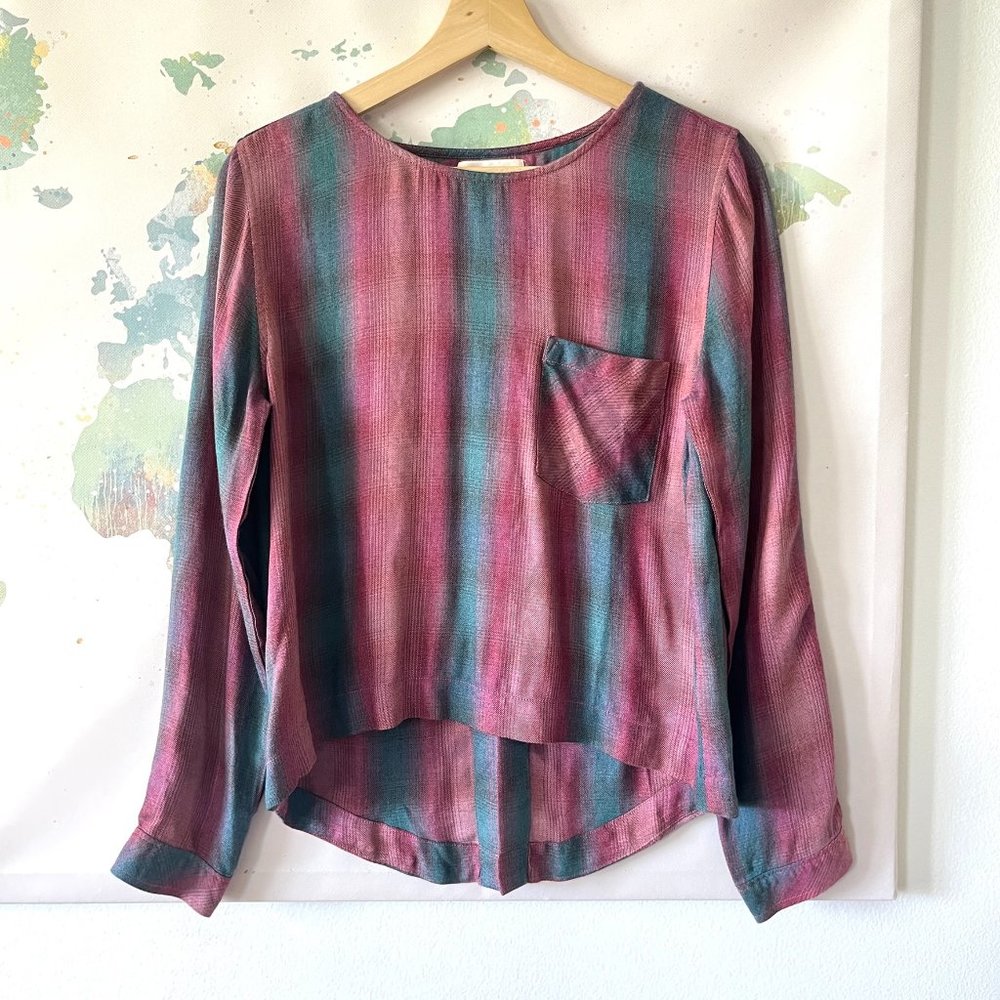 Cloth & Stone Top Size Small Plaid Lace Up Back Pink Green Super Soft Blouse